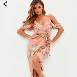Missguided Peach Floral Satin Frill MIdi Dress